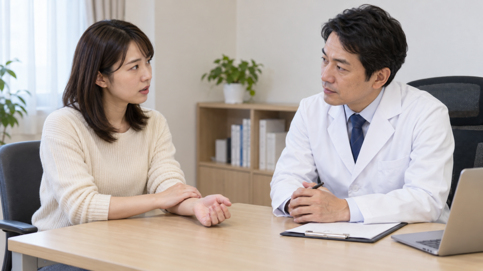 手首について医療者に相談する女性のイメージ