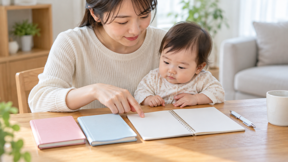 健診で聞きたいことを手帳とノートで整理する保護者の説明用AI生成画像
