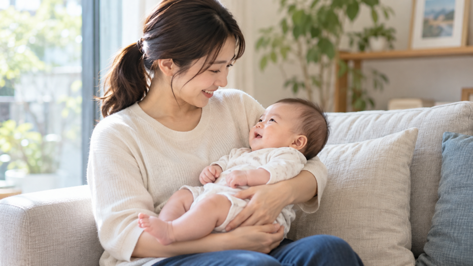 赤ちゃんの頭と体を支えて抱く保護者の説明用AI生成画像