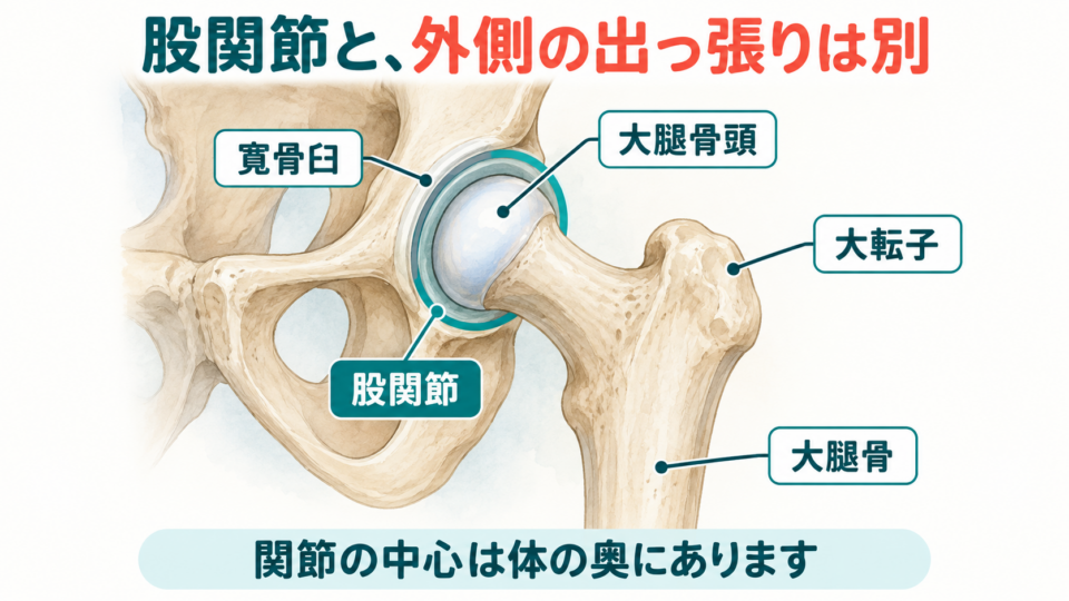 骨盤の受け皿と大腿骨頭、外側にある大転子の位置の違いを示す図