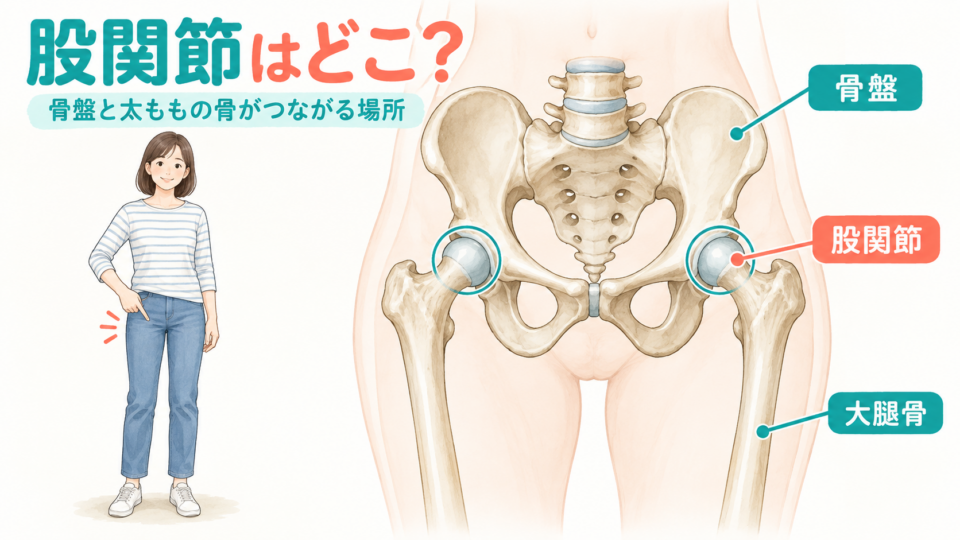 骨盤と大腿骨がつながる左右の股関節の位置を正面から示す図