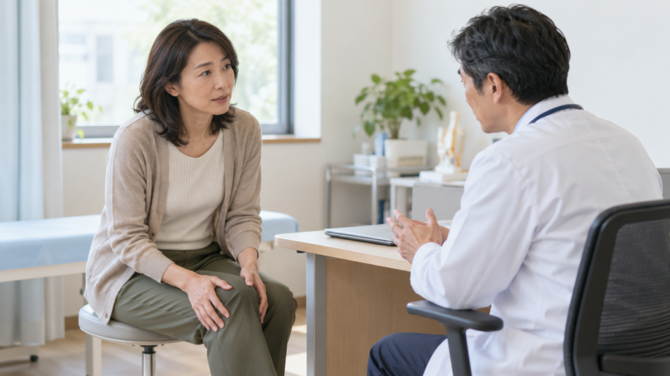 膝の状態を医療者に相談する女性のAI生成イメージ