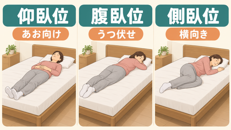 仰臥位はあお向け、腹臥位はうつ伏せ、側臥位は横向きの比較図