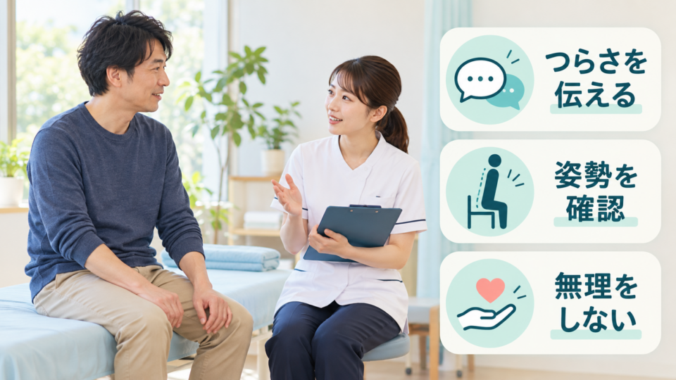 つらさと姿勢について医療者に相談する男性