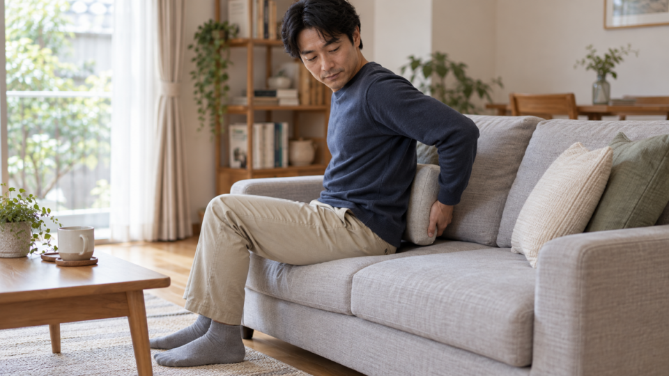 ソファで背中のクッションを調整する男性の説明用イメージ