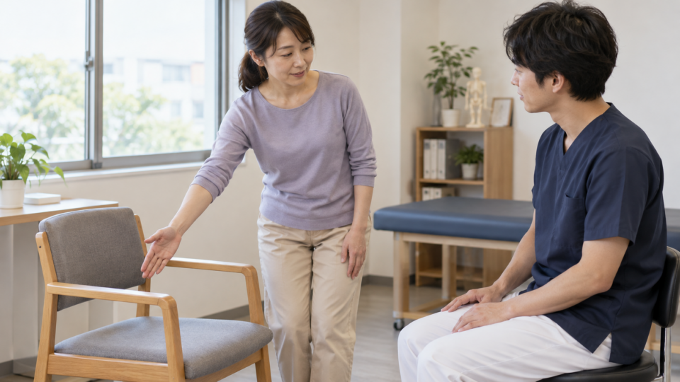 椅子を指して動作について相談する女性の説明用イメージ