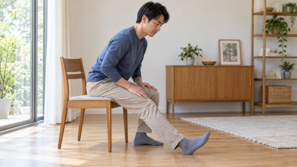 椅子に座り片脚のかかとを前に置いて軽く前傾する男性