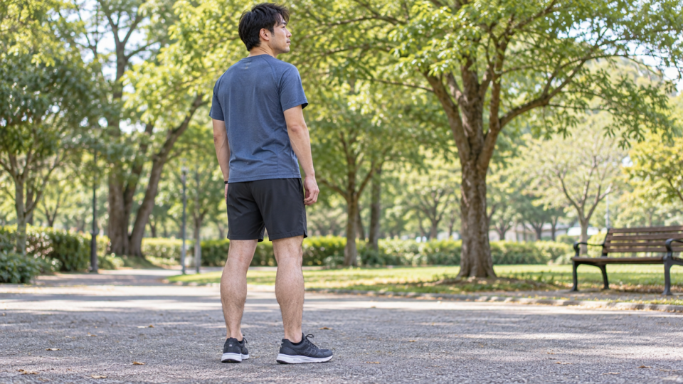 公園で自然に立つ男性を後ろから見た様子