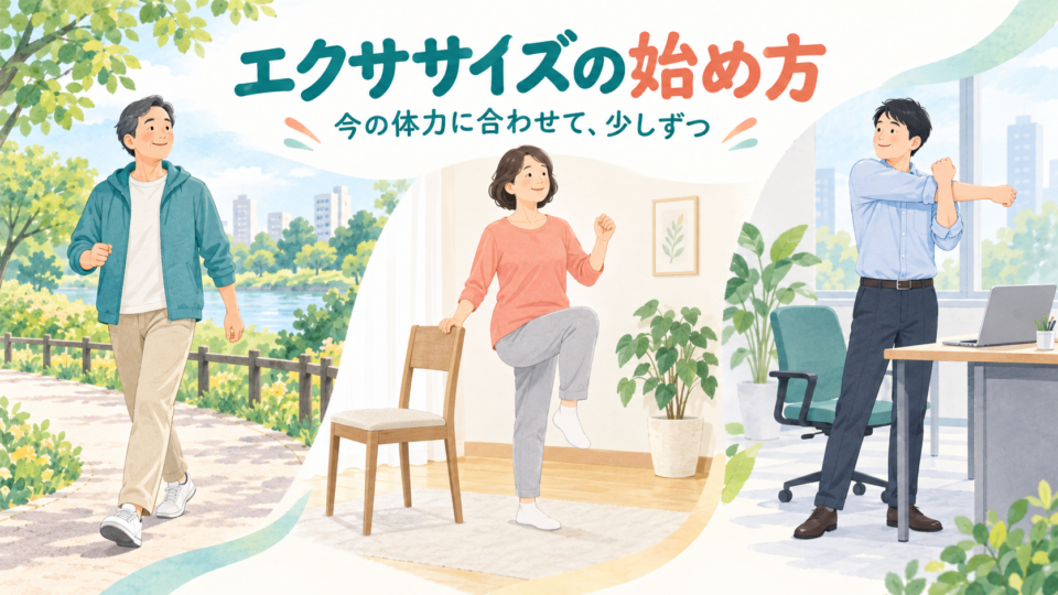 散歩、椅子の近くでの運動、仕事の合間の軽い動きを描いたエクササイズの始め方の図