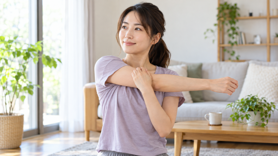 自宅で腕を軽く伸ばす女性