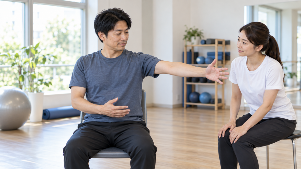 腕を軽く前へ伸ばして動く範囲を確認する男性と担当者のAI生成イメージ
