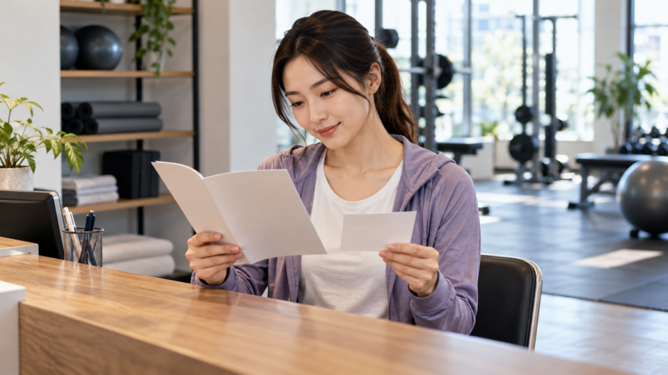 テーブルでサービス案内を確認する女性のAI生成イメージ