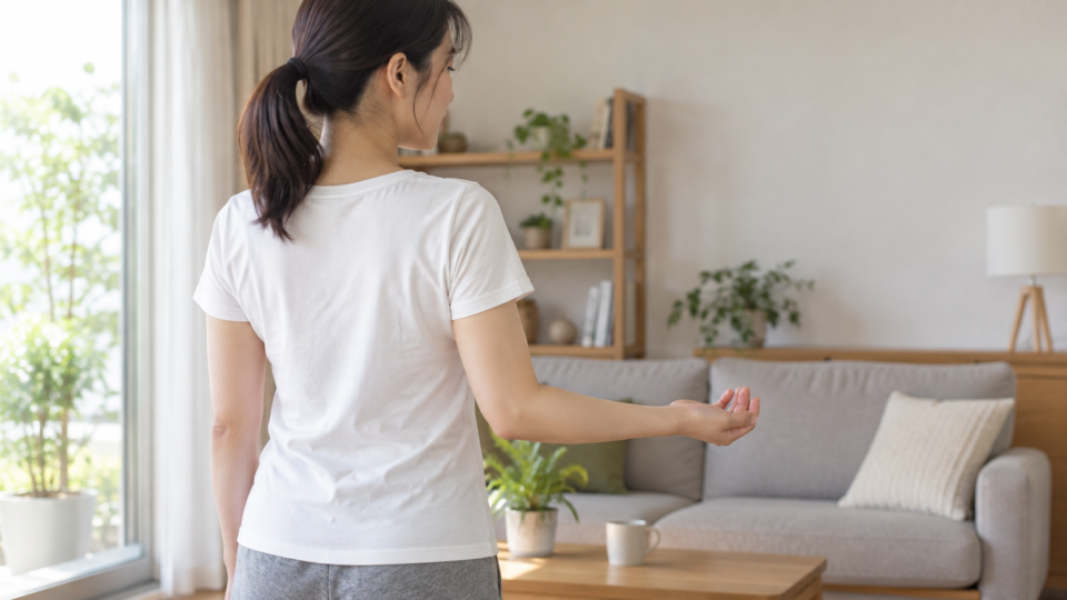 肘を体の近くに保ち前腕を外へ向ける女性