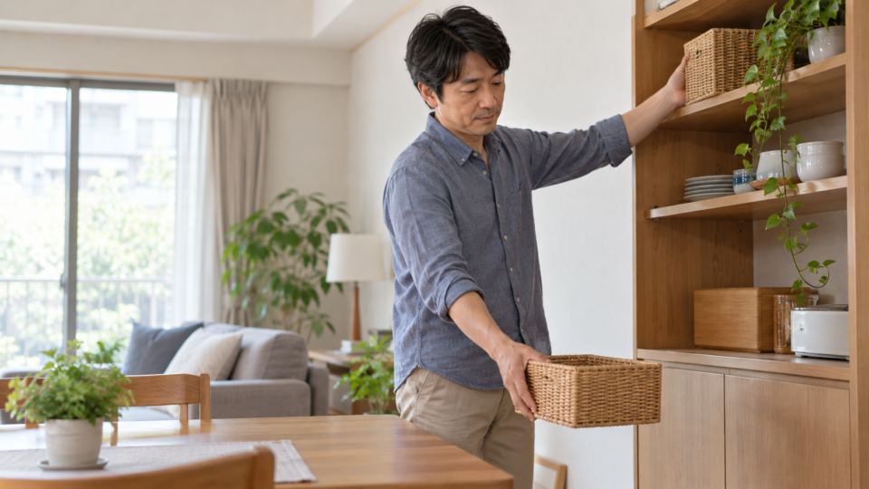 よく使う物を手の届きやすい高さへ移す男性