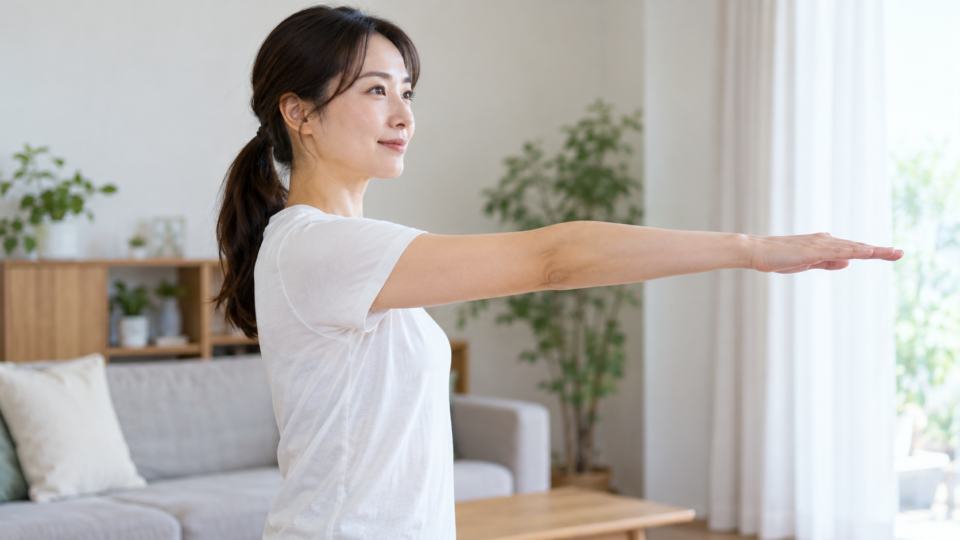 肩を無理なく動かす範囲を確認する女性