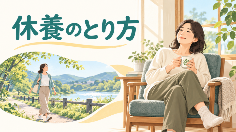 椅子でゆったり休む人と短い散歩をする人を描いた休養のとり方の図