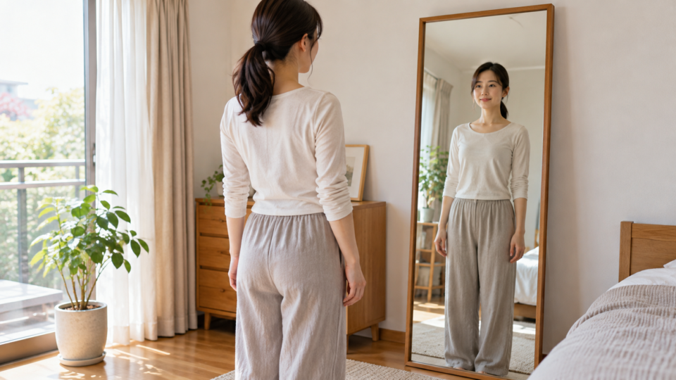 鏡で肩の位置を確認する女性