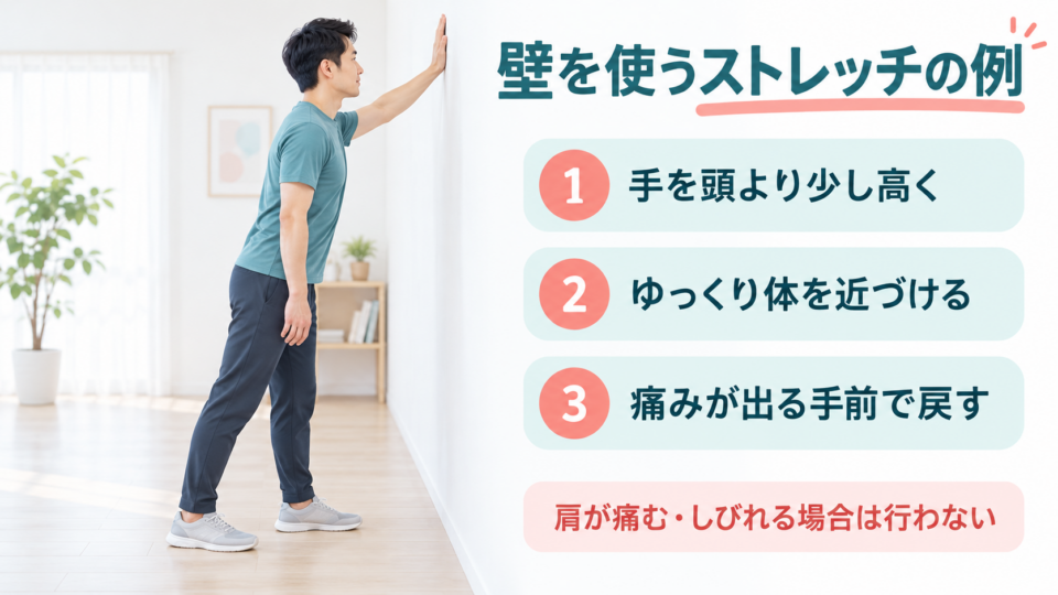 壁に片手を上げて置き、ゆっくり体を近づけるストレッチと中止の注意点