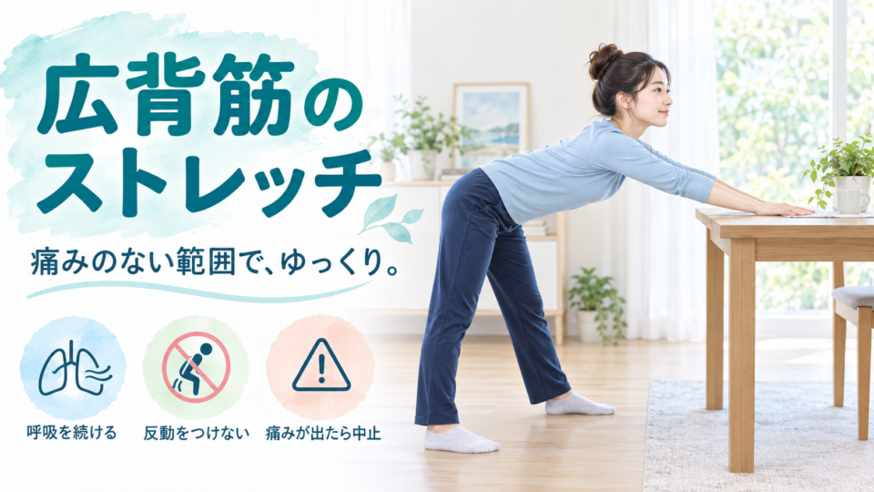 安定した台に両手を置いて、無理のない範囲で上体を前へ傾けるストレッチの例