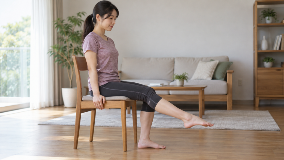 椅子で片脚を前へ出し足先を軽く伸ばす女性のAI生成イメージ