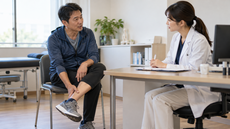 すねの症状を医療者に相談する男性のAI生成イメージ