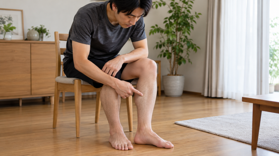 椅子に座ってすねの辺りを示す男性のAI生成イメージ