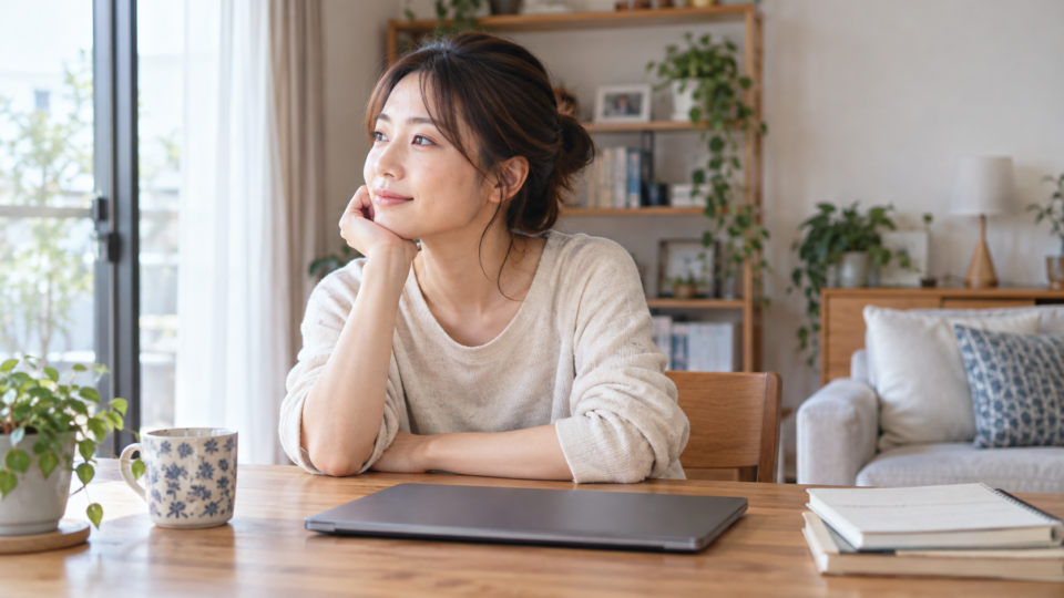 机で作業を休み肩の力を抜く日常場面のAI生成イメージ