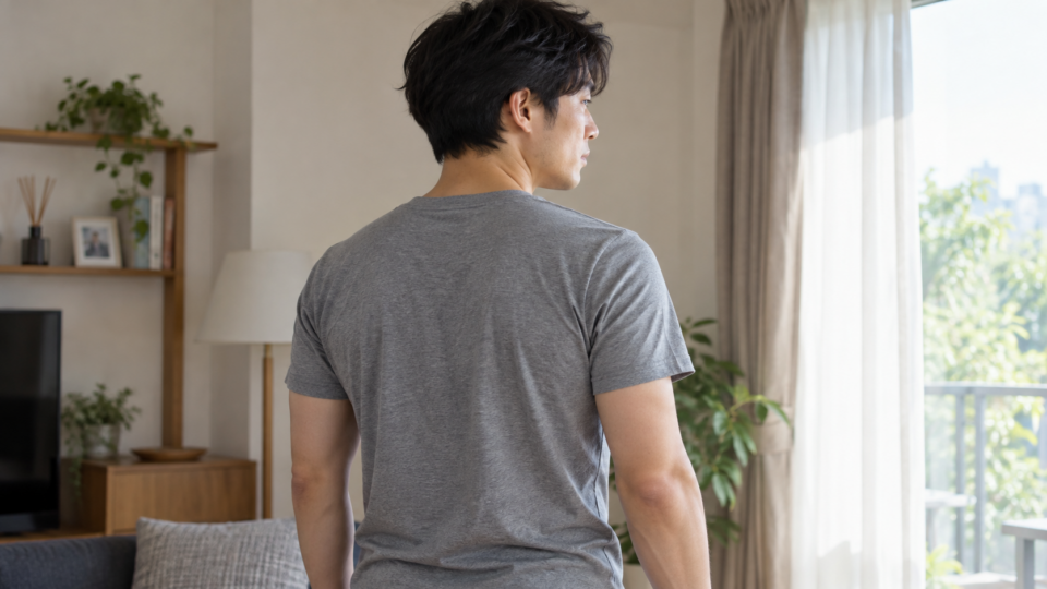 肩と背中の位置を示す服を着た男性のAI生成イメージ