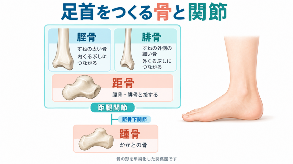 脛骨・腓骨・距骨による距腿関節と、距骨・踵骨の間の距骨下関節を整理した関係図