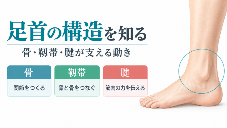 足首の外観と、骨・靱帯・腱の役割を整理した図