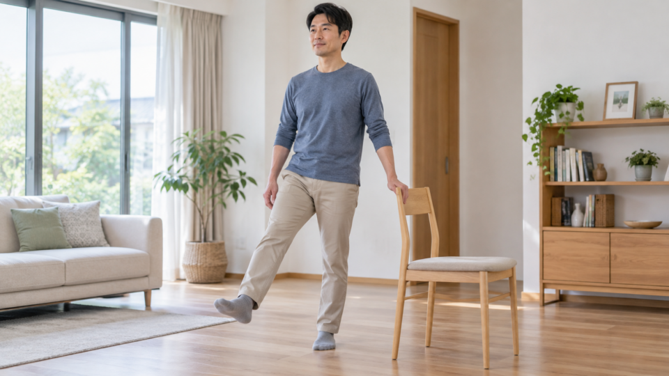 椅子に手を添えて片脚を軽く上げる男性のAI生成イメージ