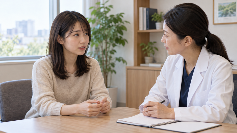 関節の不安定感について医療者に相談する女性のAI生成イメージ