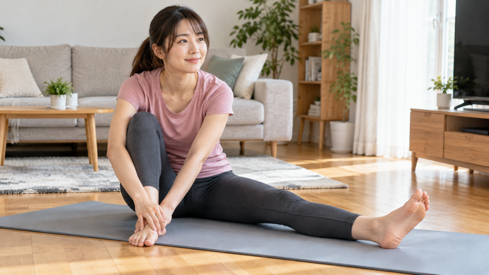 マットに座り片脚を前へ伸ばしている女性のAI生成イメージ
