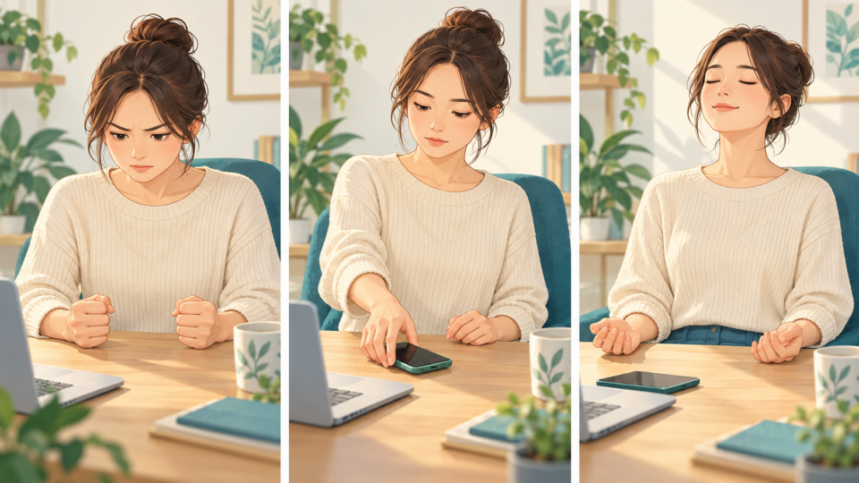 手の緊張に気付き、スマートフォンを置き、穏やかに呼吸する流れ