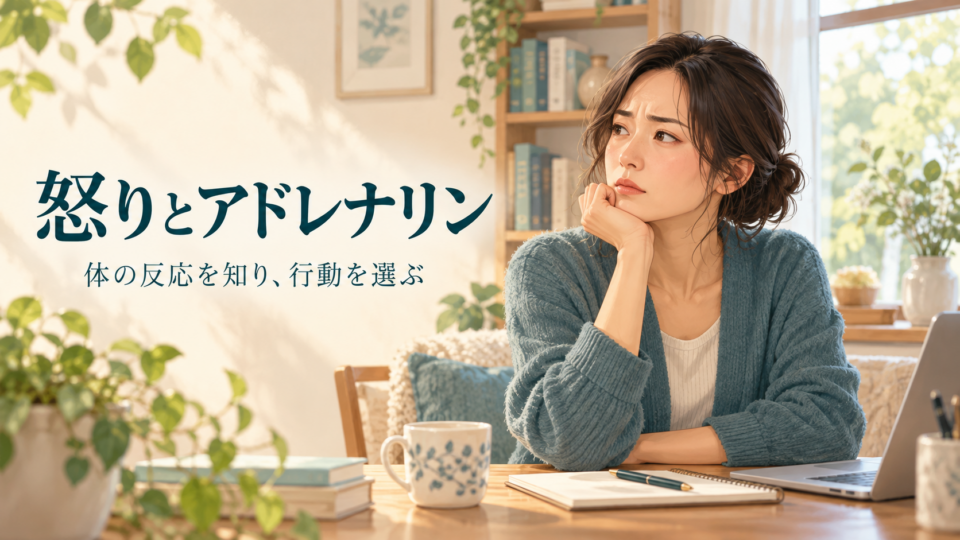 怒りとアドレナリンをテーマに、机で考える女性の説明図
