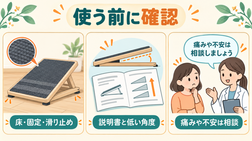 床と固定、説明書と角度、痛みの相談という使用前の確認事項