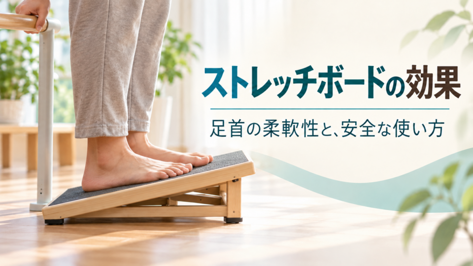 つま先側が高い傾斜台で足首周りを伸ばす説明図