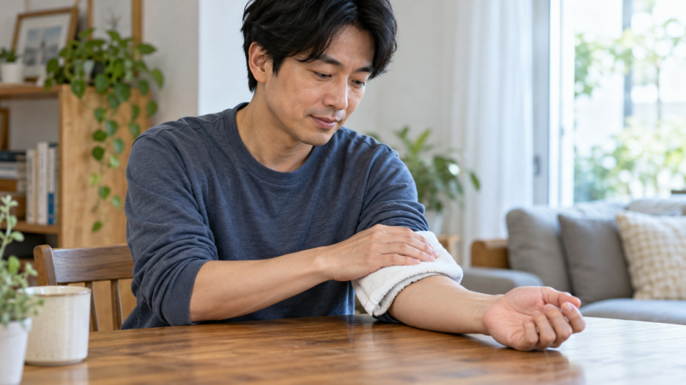 清潔な冷たいタオルを腕に当てるAI生成イメージ