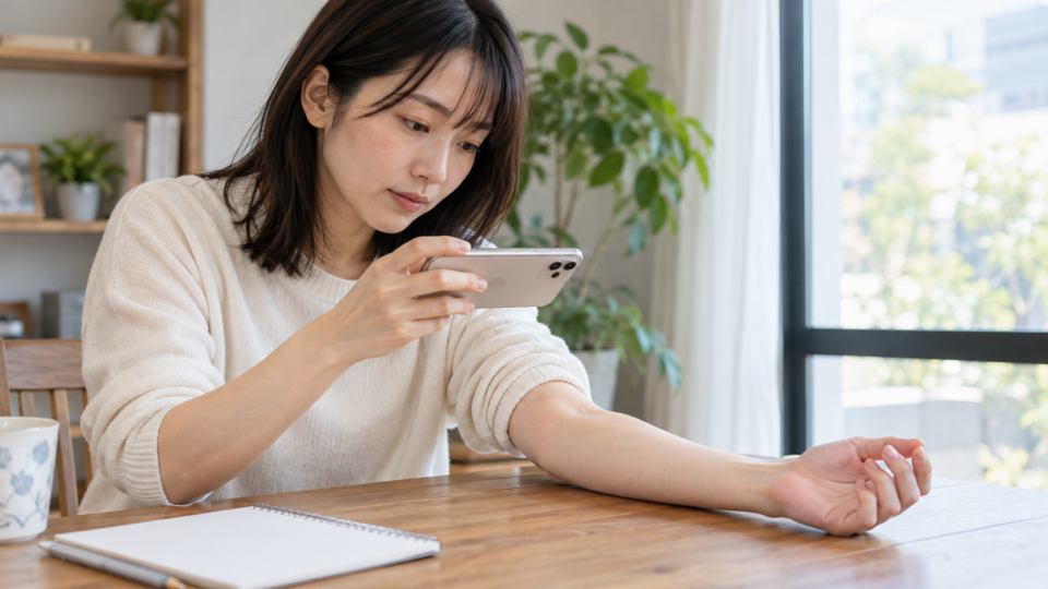 皮膚の状態をスマートフォンで記録するAI生成イメージ