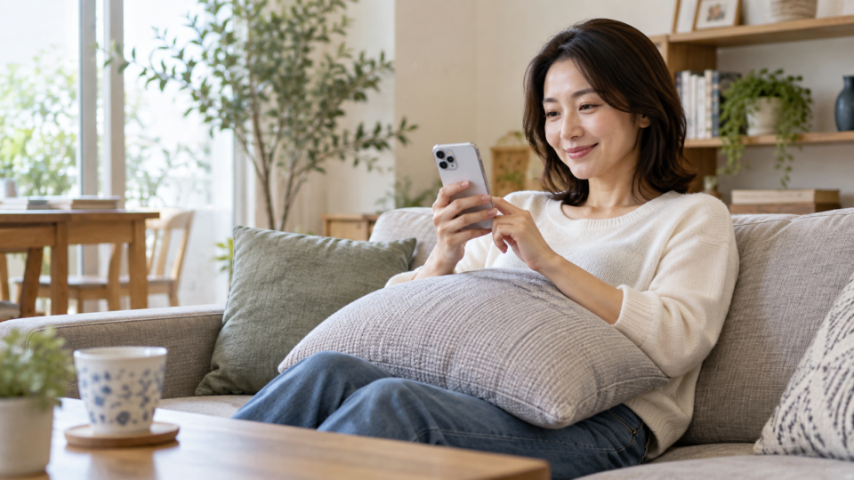 クッションで腕を支えながらスマートフォンを見る人