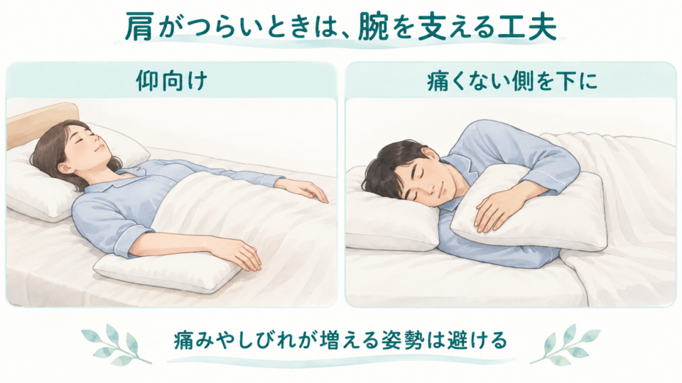 仰向けと痛くない側を下にした横向きで、枕を使い腕を支える工夫の図