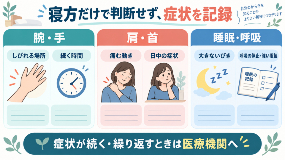 腕や手のしびれ、肩や首の痛み、睡眠と呼吸の症状を分けて記録する図