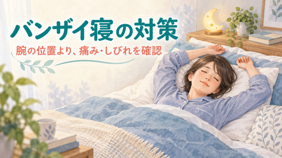 両腕を頭の方へ上げて眠る人と、痛み・しびれの確認を案内する図