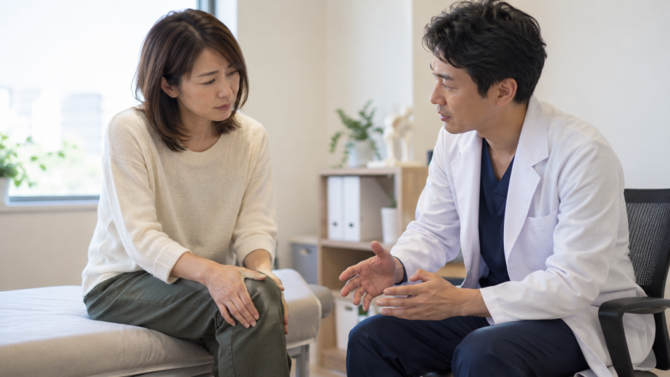 大人の膝の症状を医療者に相談するAI生成イメージ