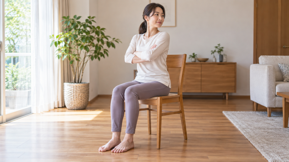 安定した椅子で上半身を小さく回す女性