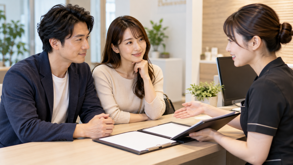 整体の利用条件を受付で相談する二人のイメージ