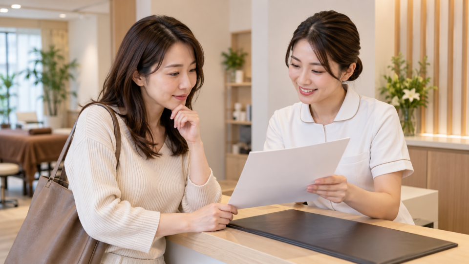 整体の料金について受付で説明を受ける女性のイメージ