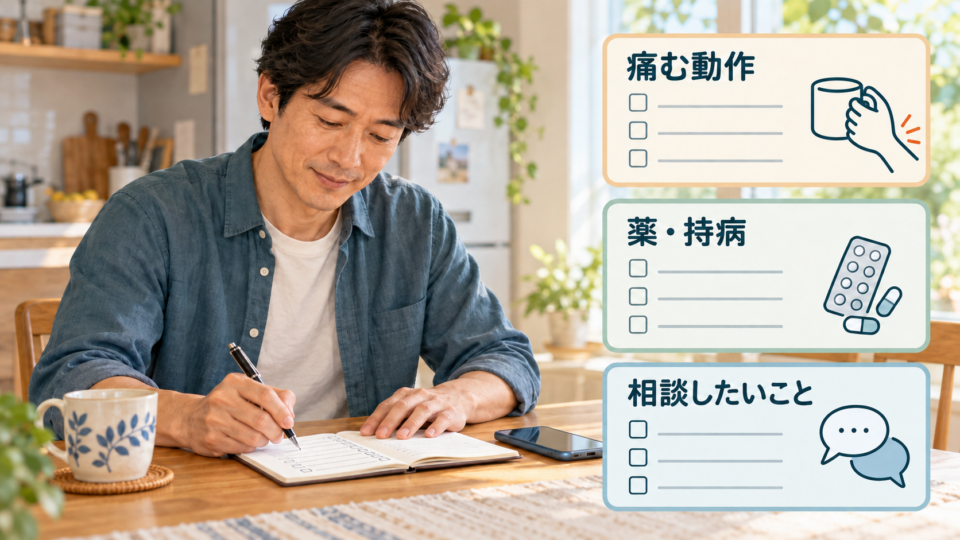 痛む動作、薬や持病、相談事項をメモする男性
