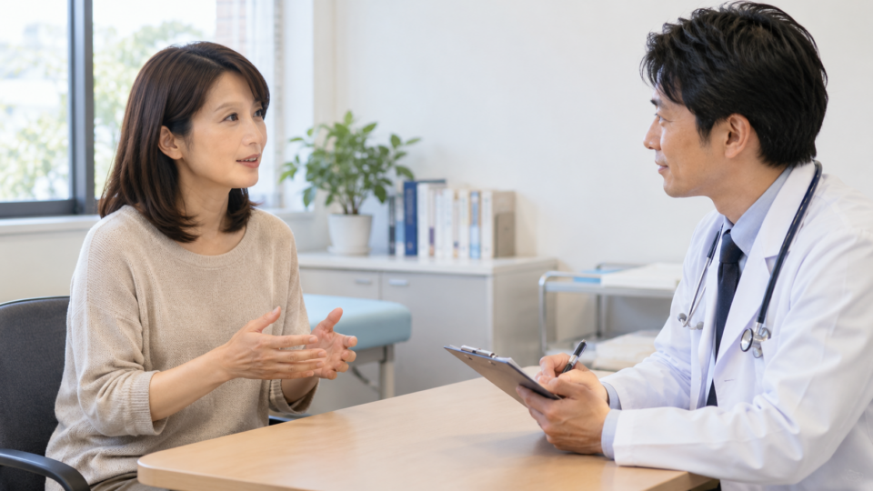 症状について医療者に相談する女性のAI生成イメージ