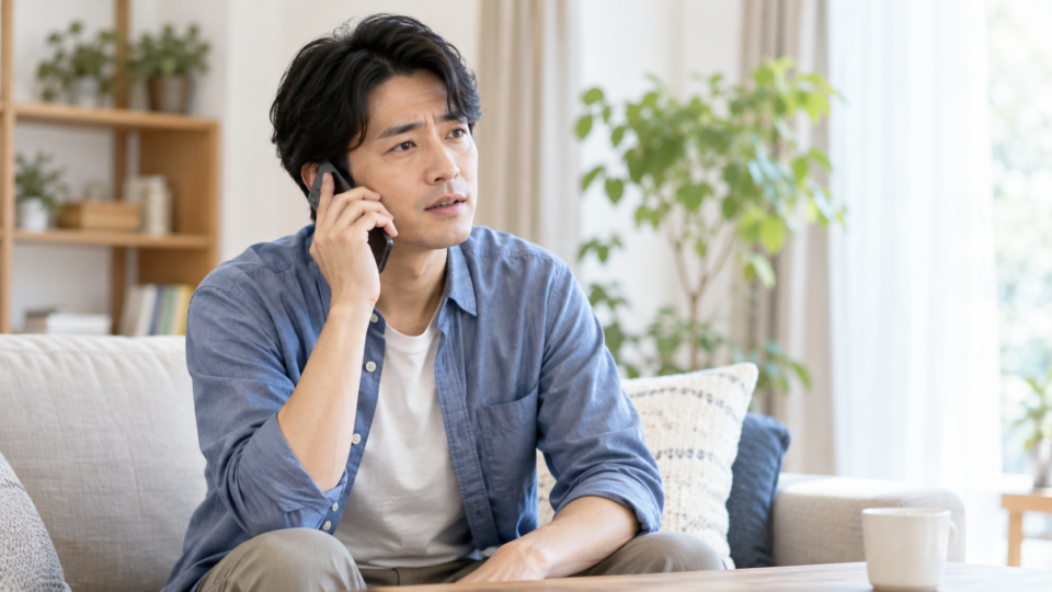自宅で電話相談をする男性の説明用イメージ